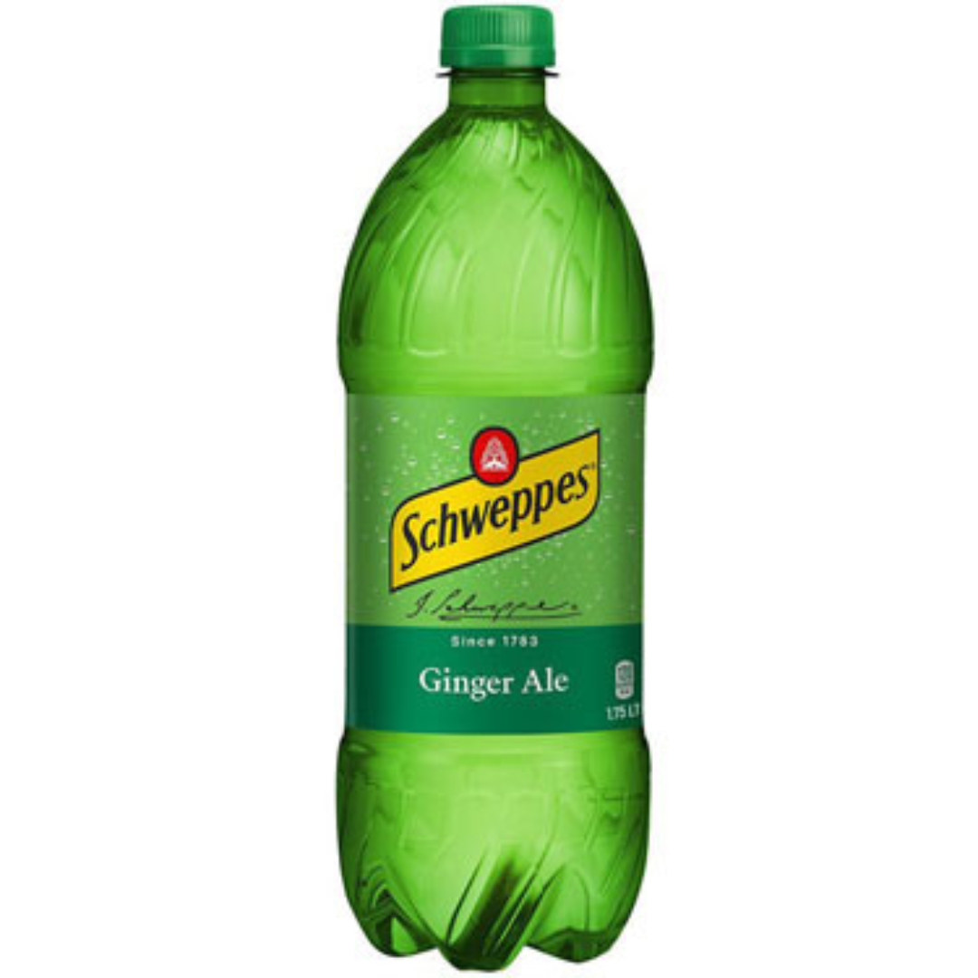 Schweppes Ginger Ale 1.75L bottle, clear plastic container with green and gold label, carbonated soft drink inside.