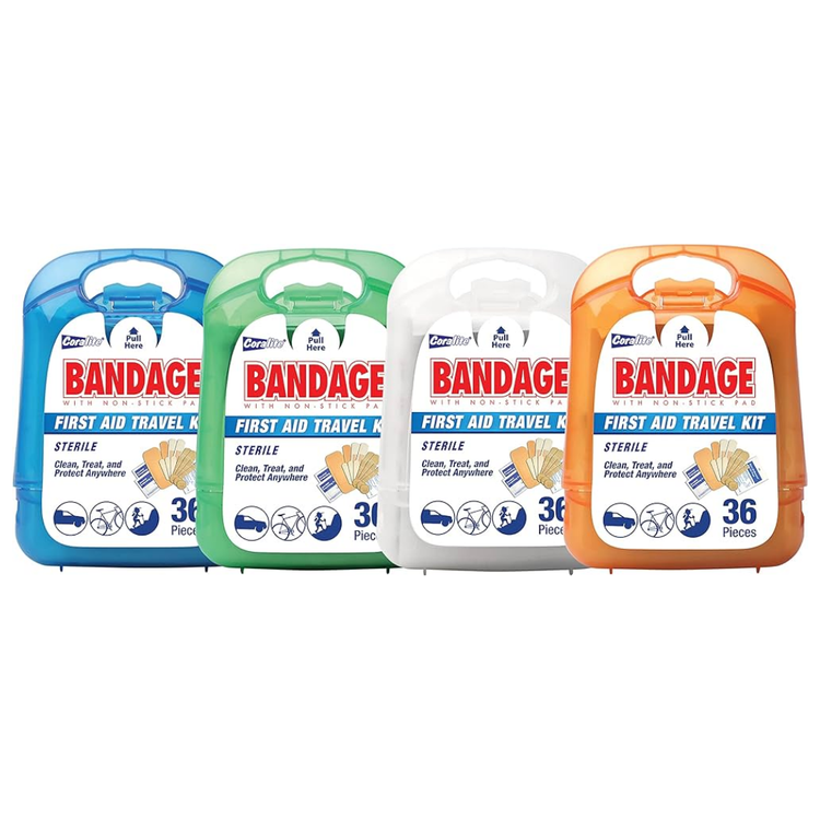 First Aid Travel Kit with 36 pieces from Farmacias Savia, including bandages, antiseptic wipes, and medical supplies.