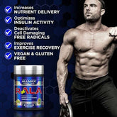 Allmax R-ALA Alpha Lipoic Acid 125mg capsules, dietary supplement in a bottle, natural vitamins and herbs for health support