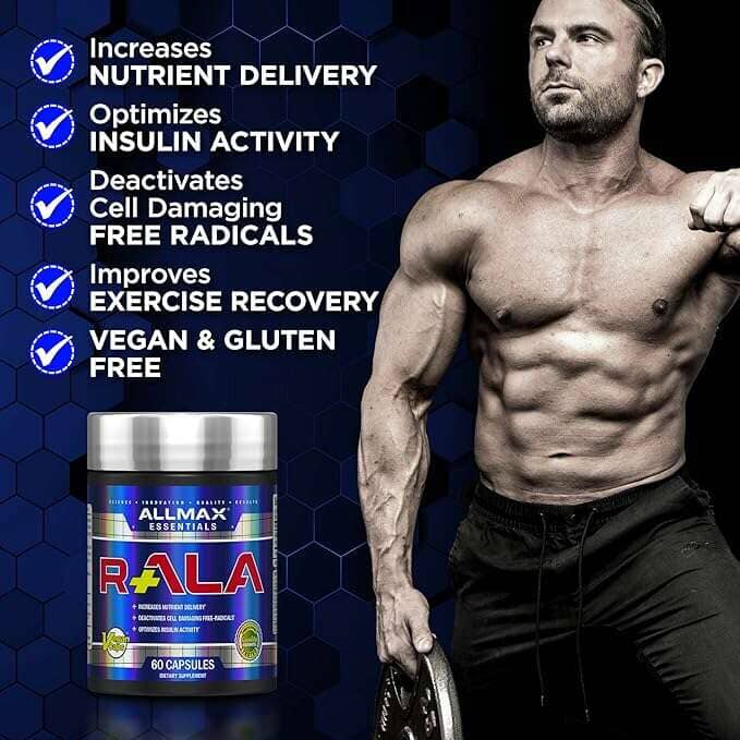Allmax R-ALA Alpha Lipoic Acid 125mg capsules, dietary supplement in a bottle, natural vitamins and herbs for health support