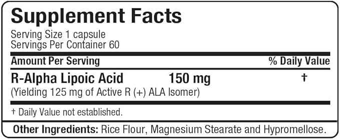 Allmax R-ALA Alpha Lipoic Acid 125mg capsules, dietary supplement in a bottle with 60 capsules for vitamin and herb support.