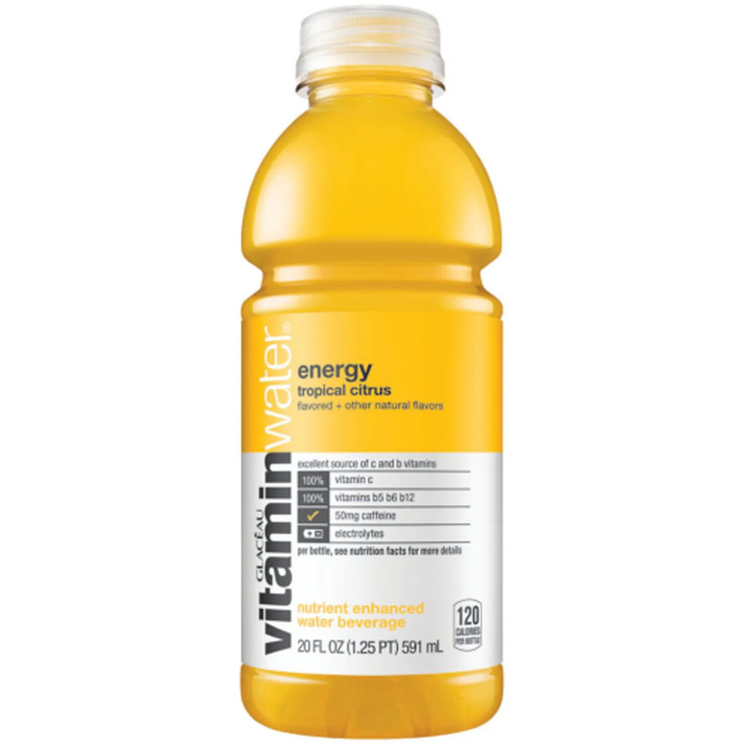 20oz Vitaminwater Rise Tangerine Orange bottle with bright label and citrus fruit illustration, showcasing fresh, flavored vitamin water.