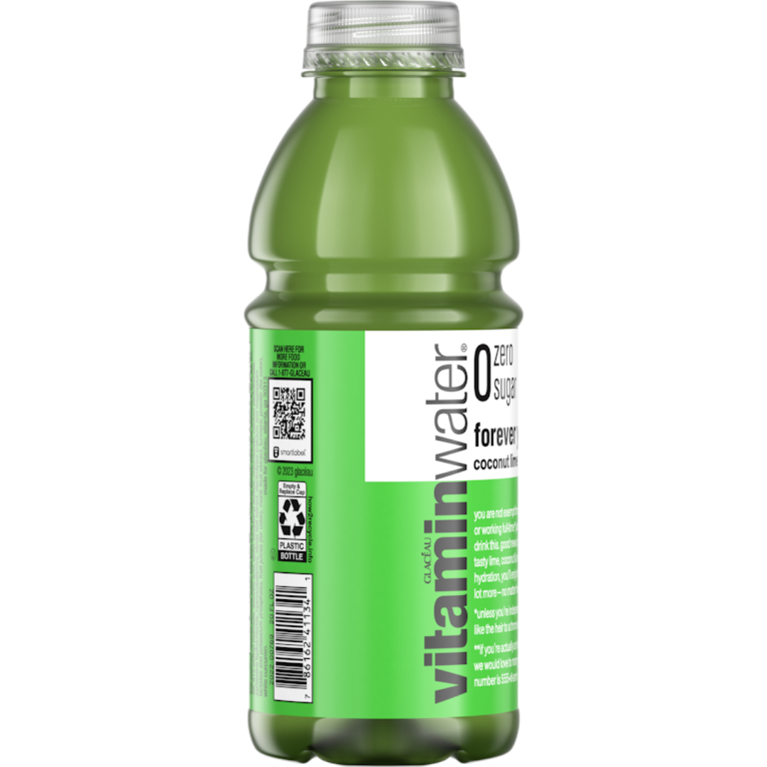 Vitaminwater Coconut Lime 20oz bottle from Farmacias Savia, showing a clear plastic bottle with coconut lime flavor label.