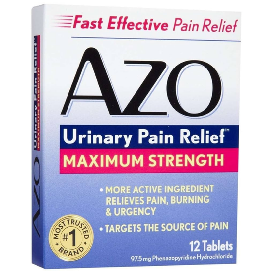 AZO Urinary Pain Relief Tablets 95mg in a 12-count package, showing the box with tablets and branding.