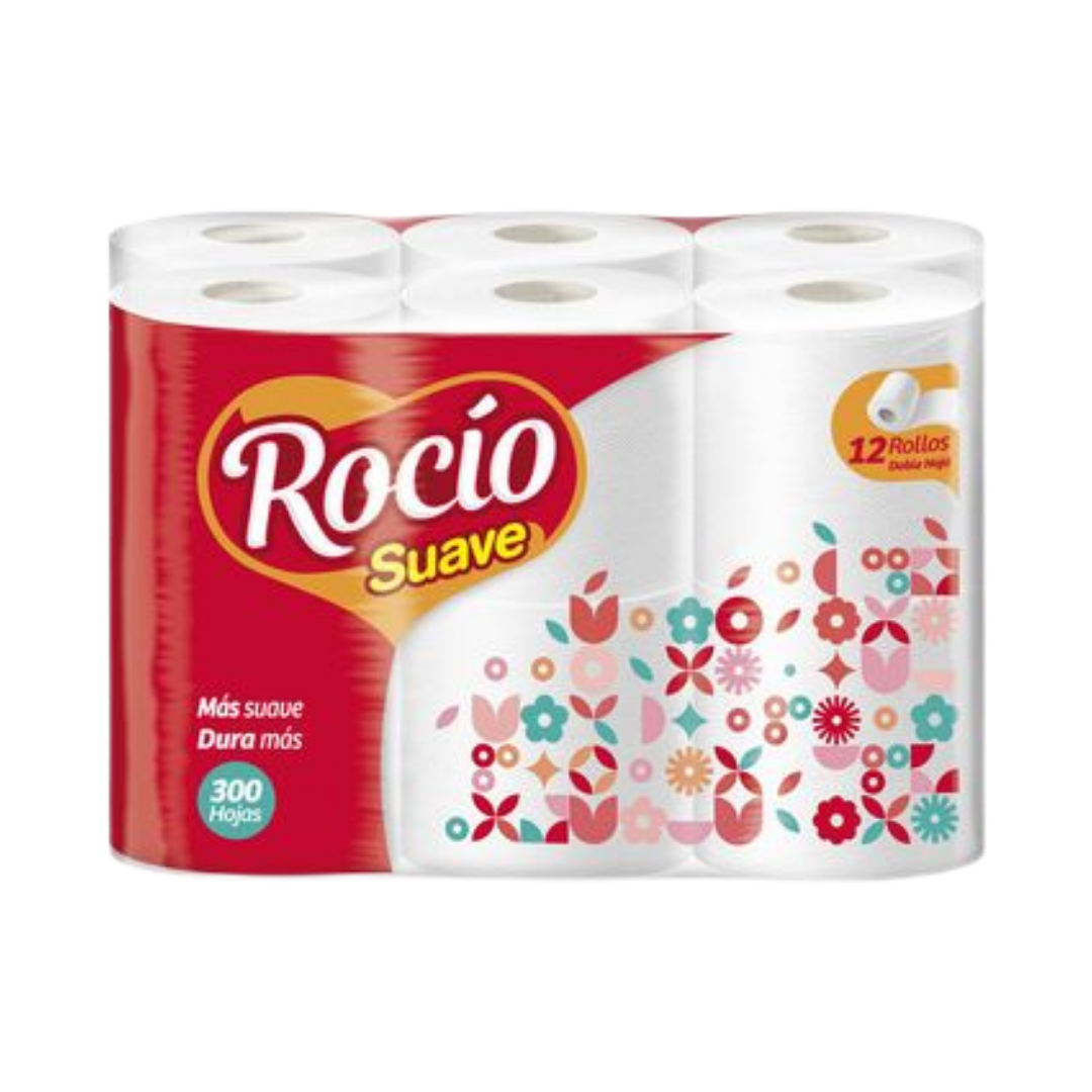 Rocío Suave toilet paper 12 rolls from Farmacias Savia, soft white paper with perforated sheets for bathroom use.