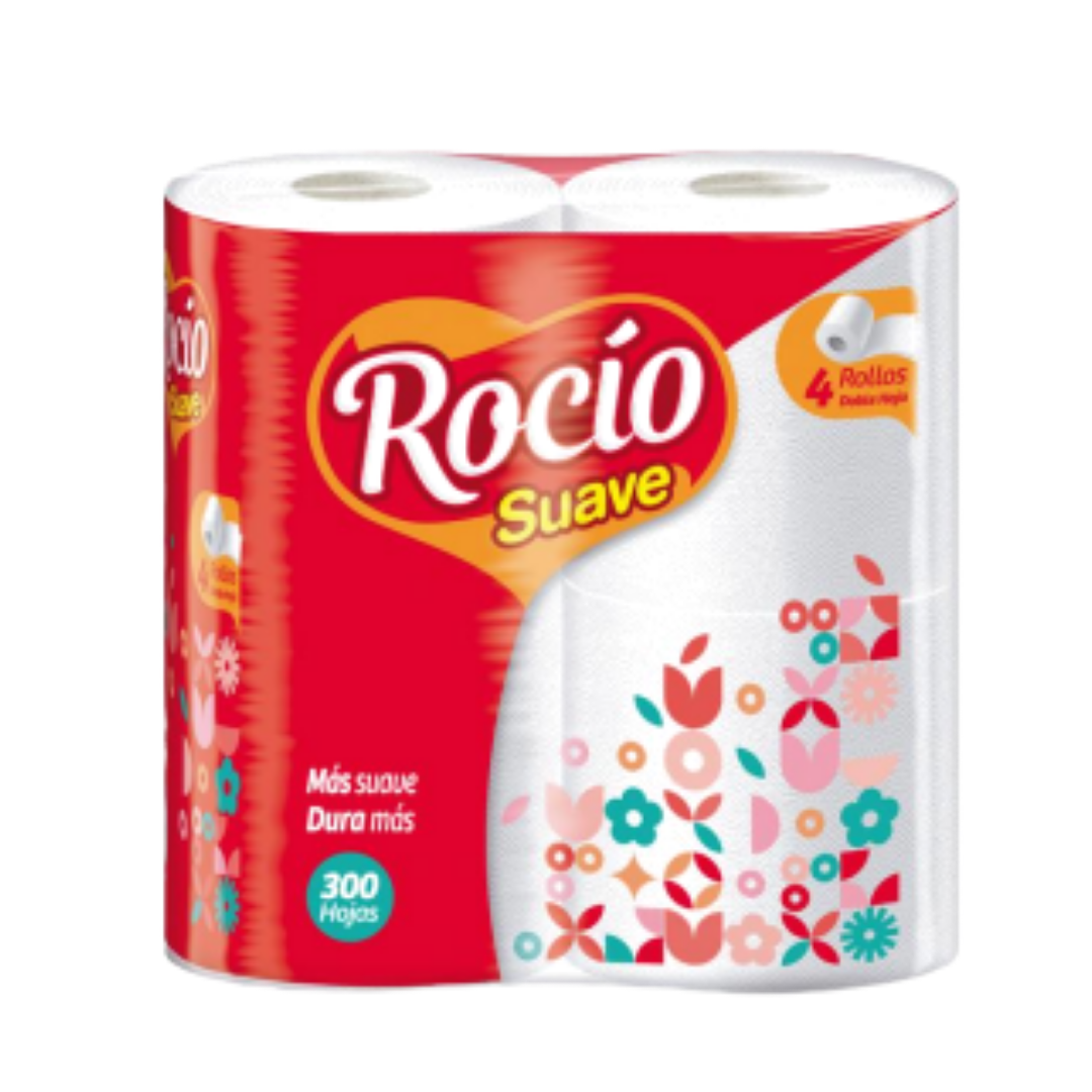 Rocío Suave toilet paper 4 rolls from Farmacias Savia, showing soft, white paper with perforations for easy tearing.
