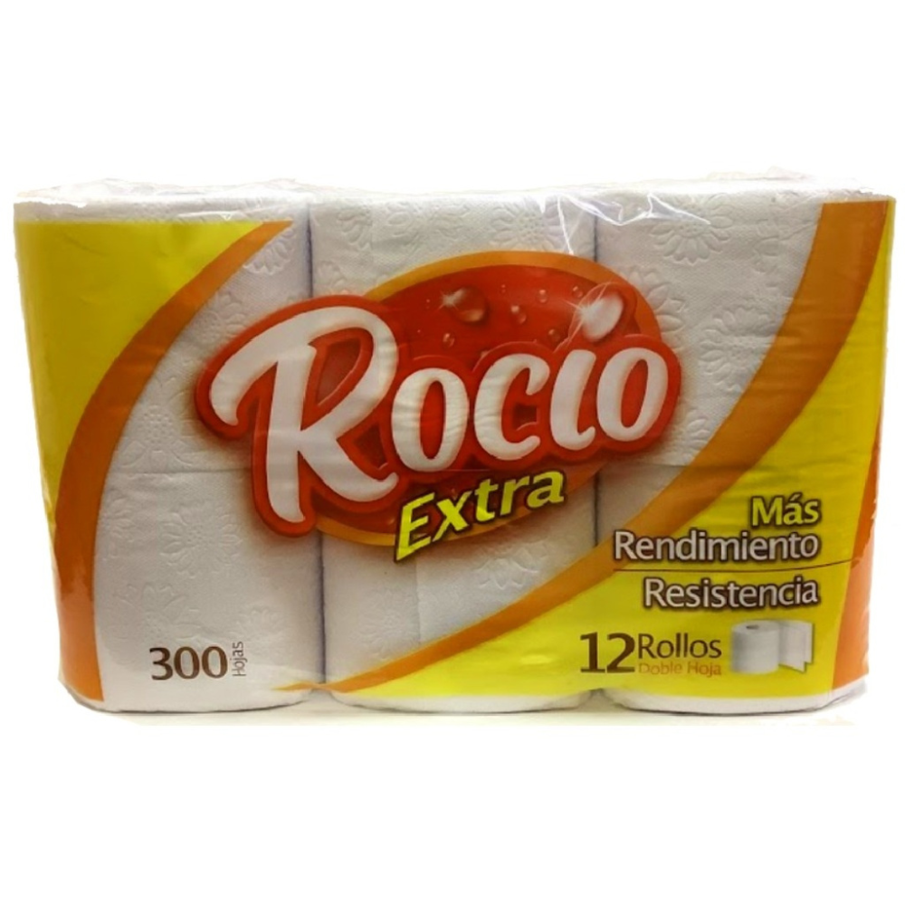 Farmacias Savia Rocío Extra 12-roll toilet paper, 2-ply, soft tissue with 300 sheets per roll for bathroom use.