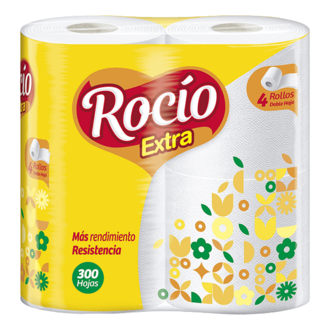 Farmacias Savia Rocío Extra toilet paper 4 rolls, soft and absorbent paper for bathroom use, in packaging with branding visible.