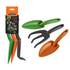 Tramontina 3-piece garden tool set with trowel, transplanter, and cultivator, featuring wooden handles and metal heads.