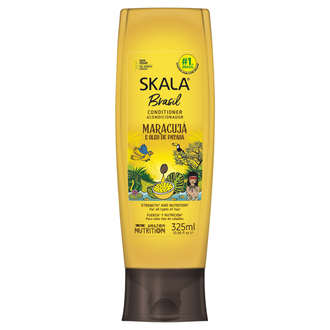 Farmacias Savia Skala Maracujá conditioner for hair, 10.99 oz bottle with colorful packaging and brand logo, smooth and shiny hair illustration