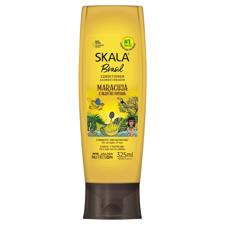 Farmacias Savia Skala Maracujá conditioner for hair, 10.99 oz bottle with colorful packaging and brand logo, smooth and shiny hair illustration