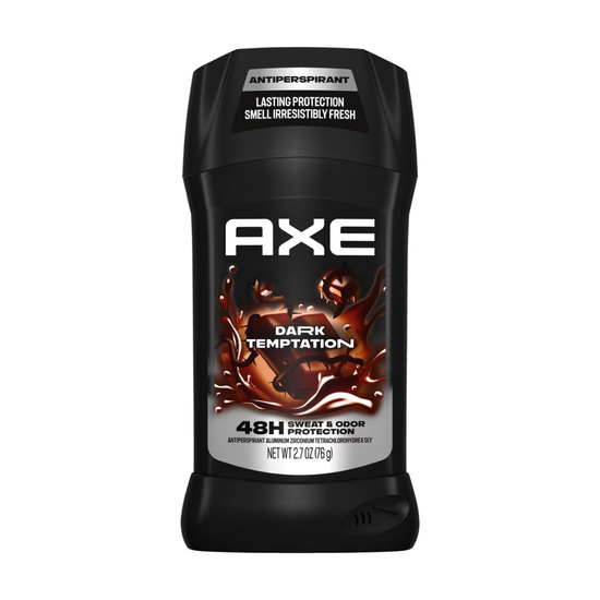Axe Dark Temptation antiperspirant and deodorant stick, 2.7oz, in black packaging with a smooth, rounded design.