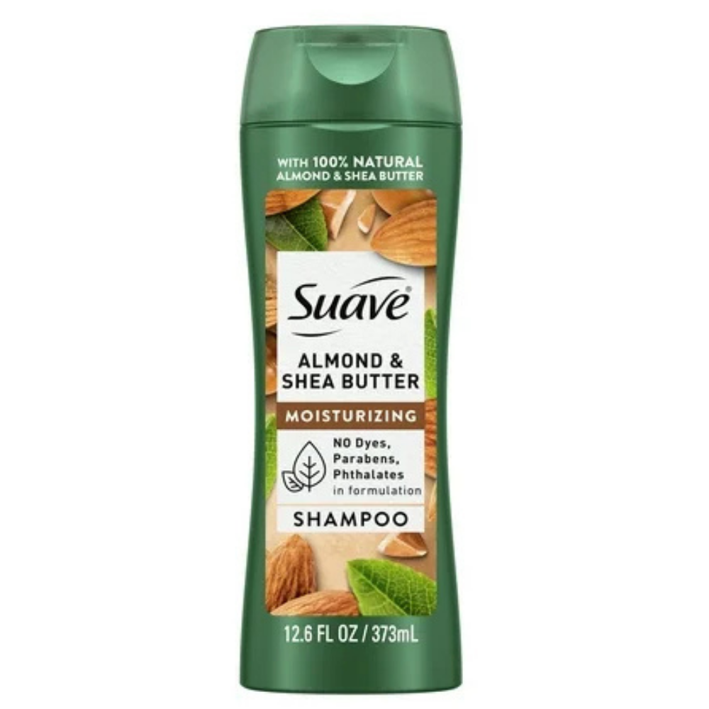 Suave Almond & Shea Butter moisturizing shampoo bottle for hair, 12.6 oz, with almond and shea butter ingredients visible.