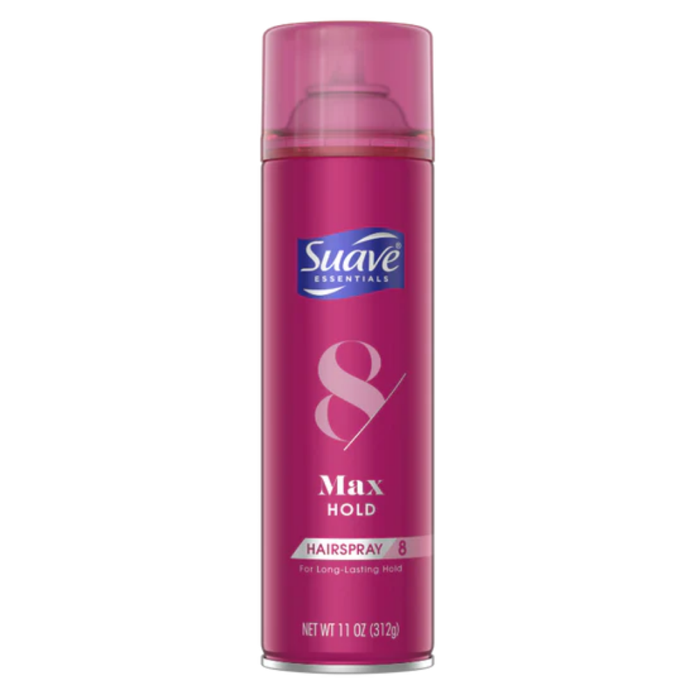 Farmacias Savia Suave Essentials Max Hold Hairspray in 11 oz can, designed for strong, long-lasting hair hold.