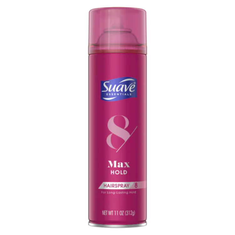 Farmacias Savia Suave Essentials Max Hold Hairspray in 11 oz can, designed for strong, long-lasting hair hold.