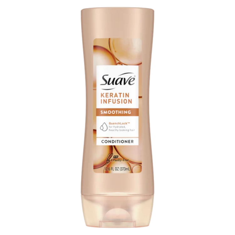 Suave Keratin Infusion Smoothing Conditioner for hair, 12.6 oz, with a bottle showing the product label and cap.