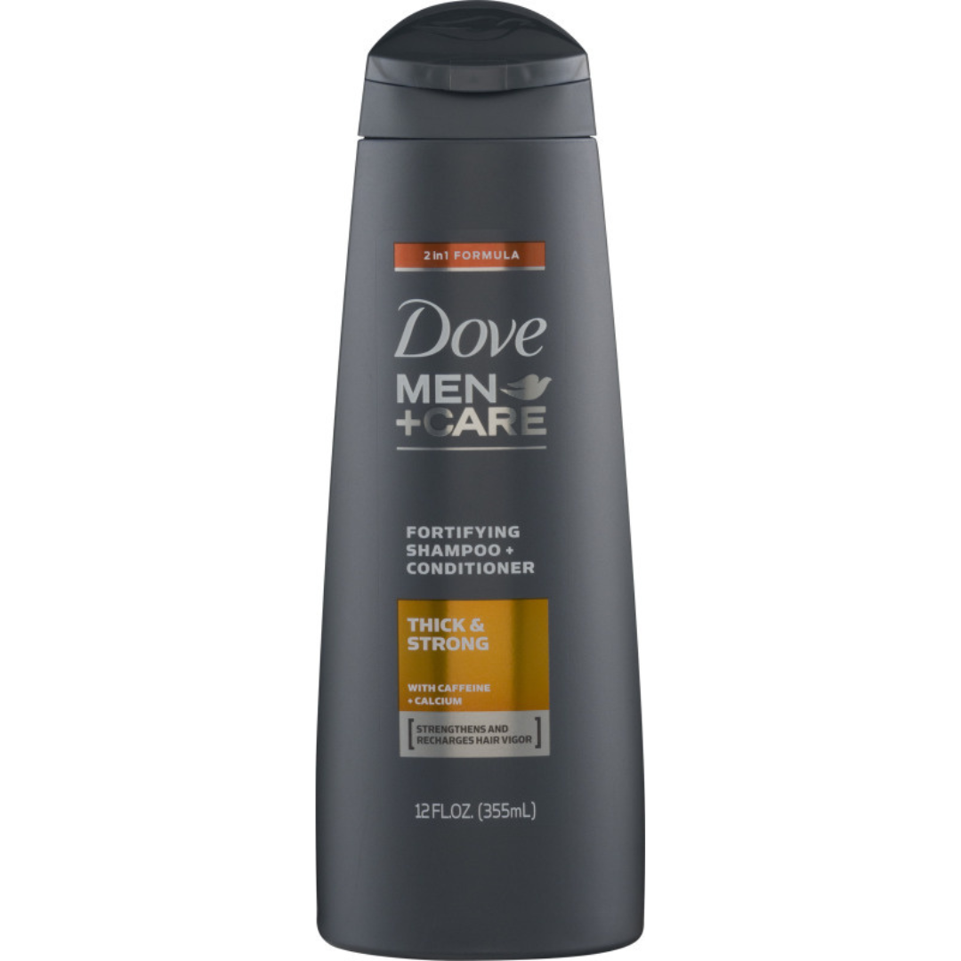Dove Men+Care Thick & Strong Fortifying 2-in-1 shampoo and conditioner bottle, 12oz, for men&