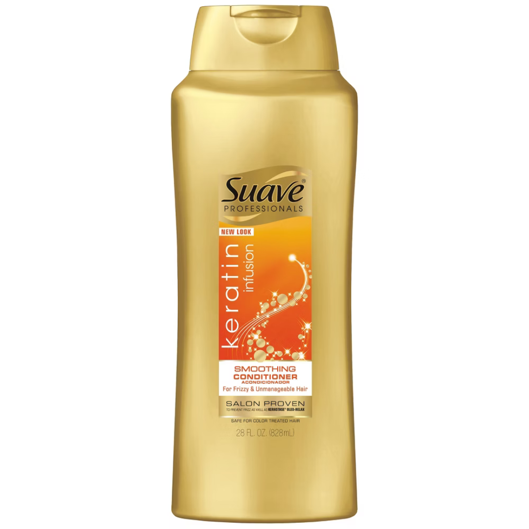 Suave Professionals Keratin Infusion Smoothing Conditioner in a 28oz bottle, designed to help smooth and strengthen hair.