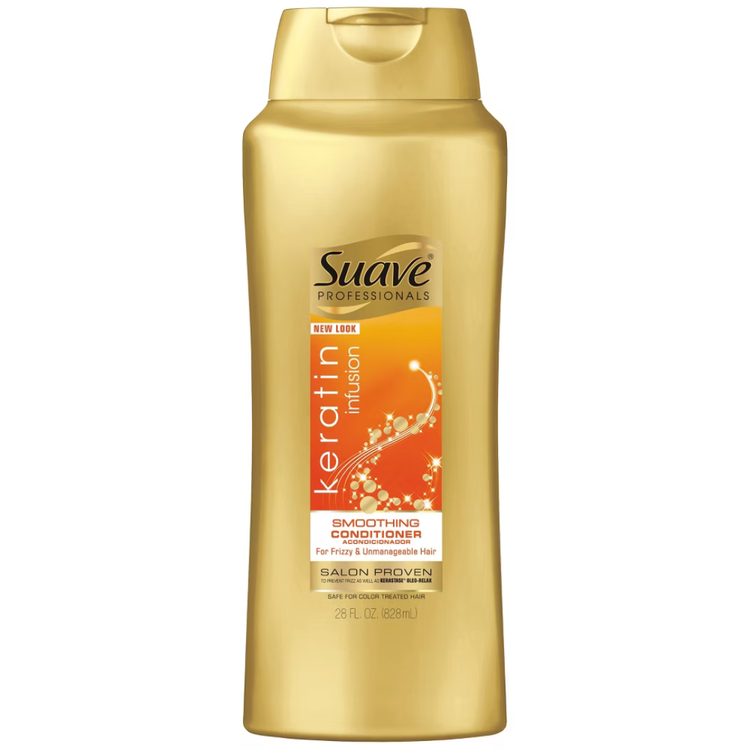Suave Professionals Keratin Infusion Smoothing Conditioner in a 28oz bottle, designed to help smooth and strengthen hair.