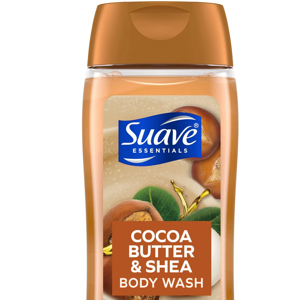 Farmacias Savia Suave Essentials Cocoa Butter & Shea Body Wash in 18oz bottle, creamy formula with cocoa butter and shea for skin.