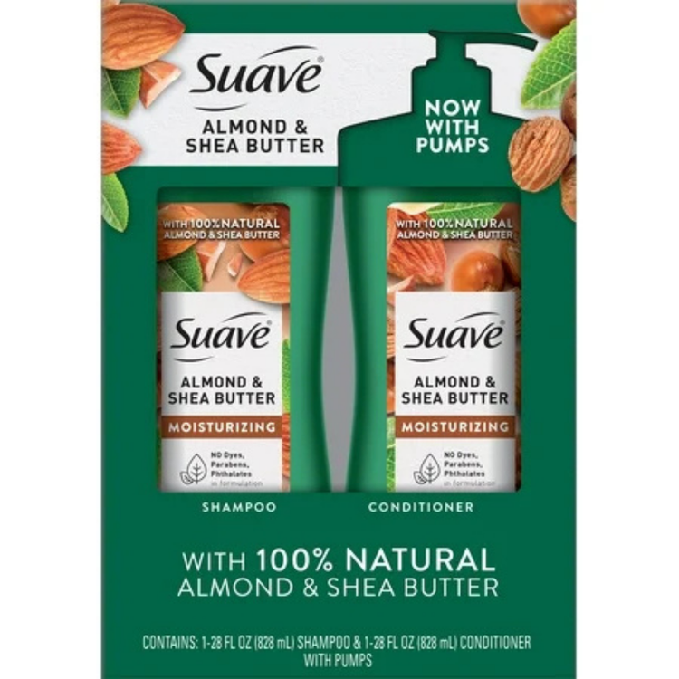 Suave Professionals Almond + Shea moisturizing shampoo and conditioner twin pack bottles for soft, healthy hair.