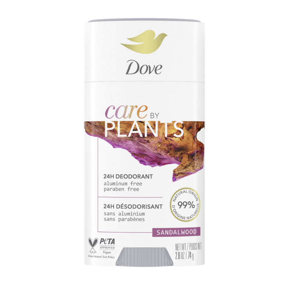 Dove Men+Care Sandalwood Deodorant stick, 2.6oz, with white and green packaging and sandalwood scent.