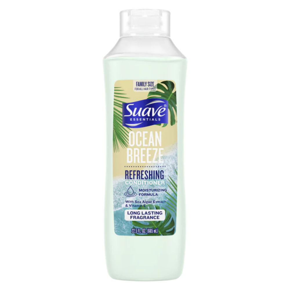Farmacias Savia Suave Essentials Ocean Breeze refreshing conditioner for hair, 22.5 oz, with a blue ocean-inspired bottle and label.