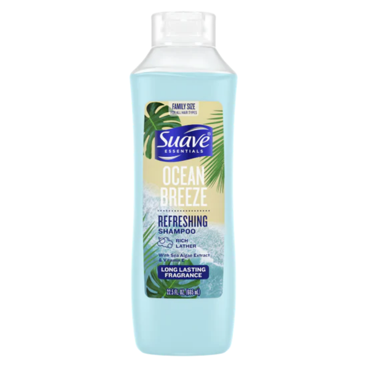 Farmacias Savia Suave Essentials Ocean Breeze refreshing shampoo bottle with 22.5 oz label and blue packaging.