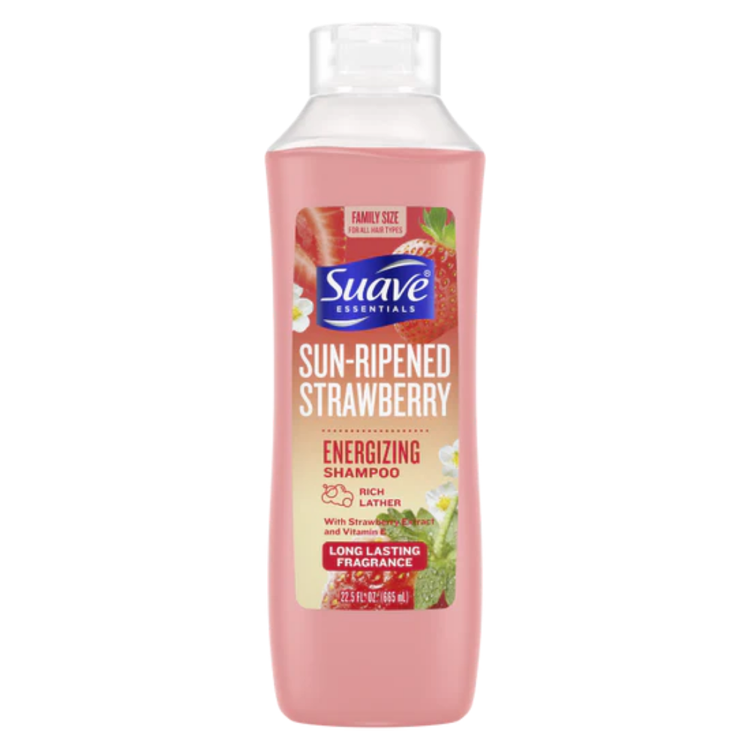Farmacias Savia Suave Essentials Sun Ripened Strawberry Energizing Shampoo for hair, 22.5 oz bottle with strawberry scent.