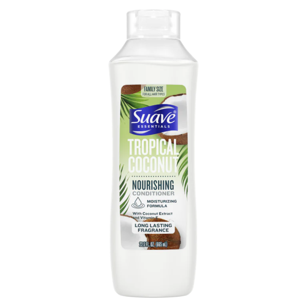 Nourishing Suave Essentials Tropical Coconut conditioner for hair, 22.5 oz, with tropical coconut scent and moisturizing formula.