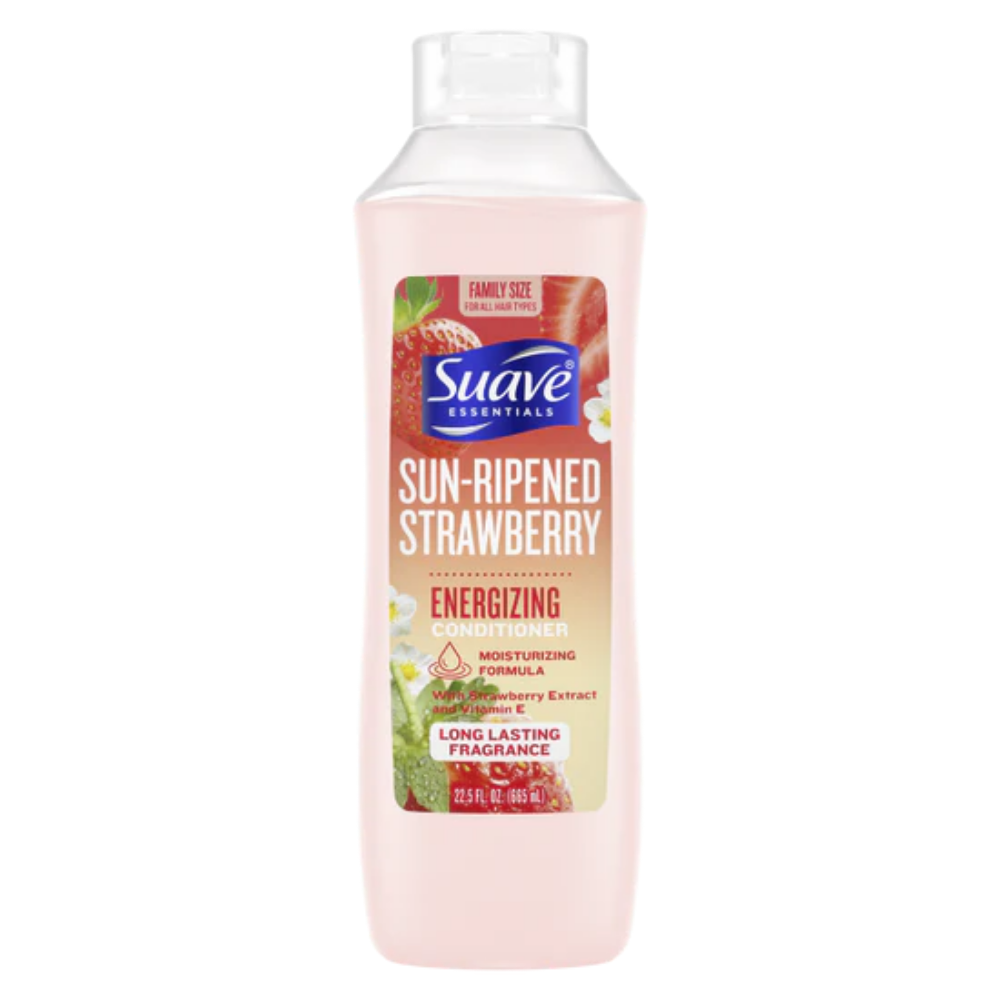 Farmacias Savia Suave Essentials Strawberry conditioner bottle, 22.5oz, for nourishing and detangling strawberry-scented hair care.