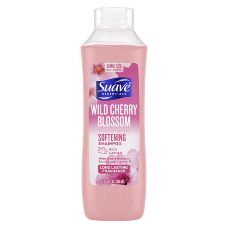 Farmacias Savia Suave Essentials Wild Cherry Blossom shampoo bottle, 22.5oz, with cherry blossom design and label visible.