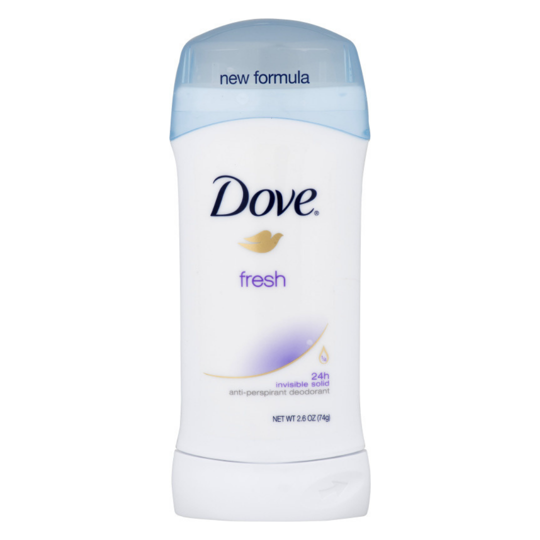 Dove Fresh Invisible Solid Antiperspirant Deodorant stick, 2.6 oz, with white packaging and blue accents, placed on a white background.