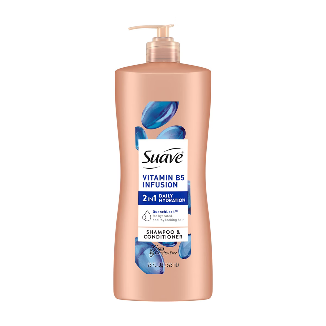 Suave Professionals Vitamin B5 Infusion 2-in-1 shampoo and conditioner bottle, 28oz, with vibrant label and pump dispenser.