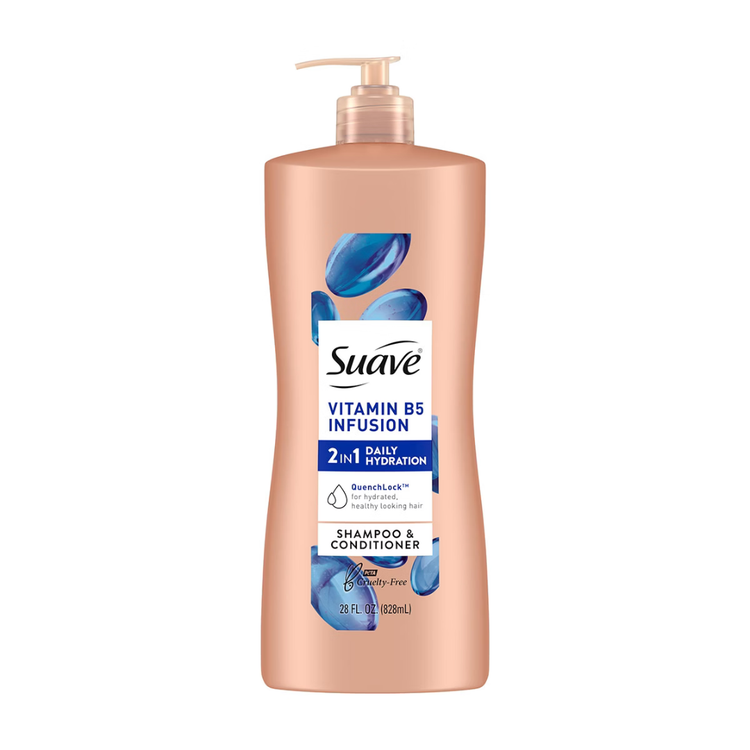 Suave Professionals Vitamin B5 Infusion 2-in-1 shampoo and conditioner bottle, 28oz, with vibrant label and pump dispenser.