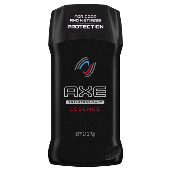 Axe Essence antiperspirant and deodorant protection stick in 2.7oz container with a sleek black and gold design.
