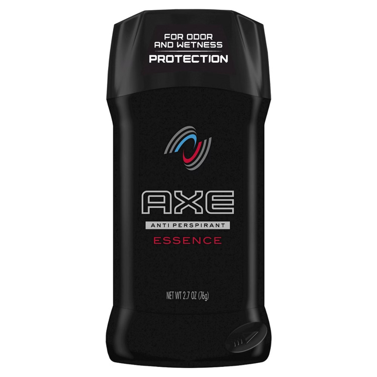 Axe Essence antiperspirant and deodorant protection stick in 2.7oz container with a sleek black and gold design.