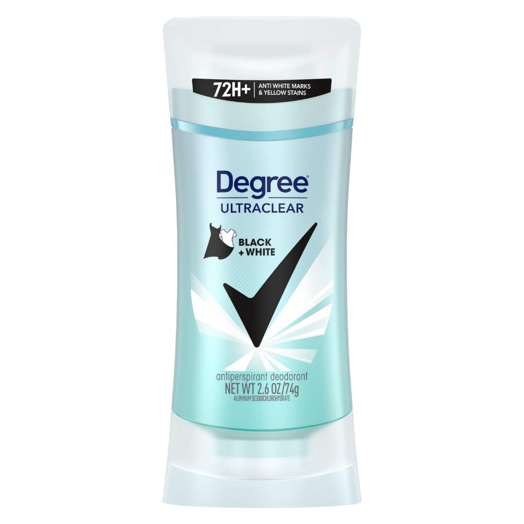 Degree MotionSense UltraClear black and white deodorant stick with sleek packaging, designed for effective odor protection.