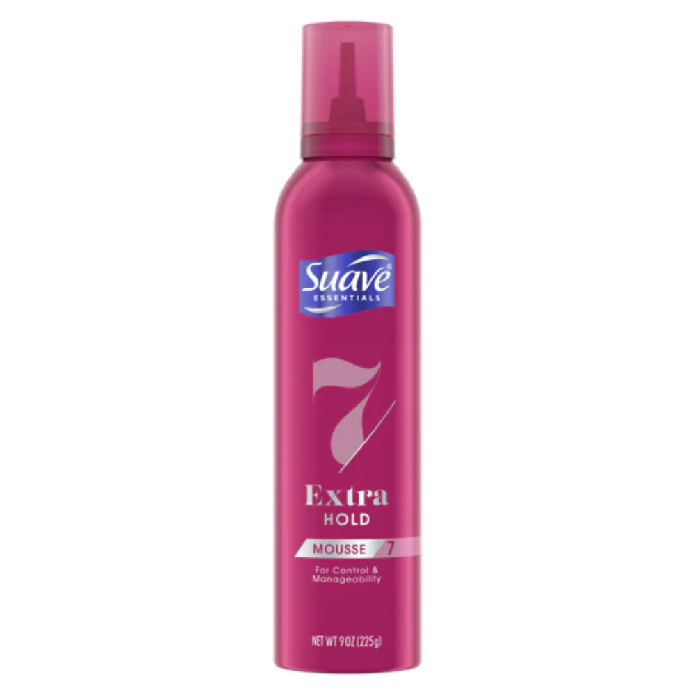 Farmacias Savia Suave Essentials Extra Hold Mousse for hair, 9 oz bottle with a pump dispenser.