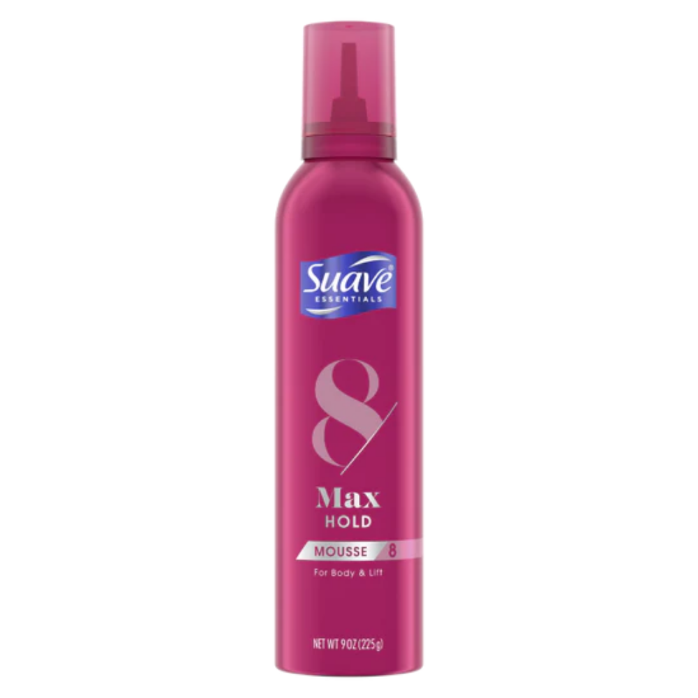 Farmacias Savia Suave Essentials Max Hold Mousse for hair, 9oz bottle with professional styling hold and volume.