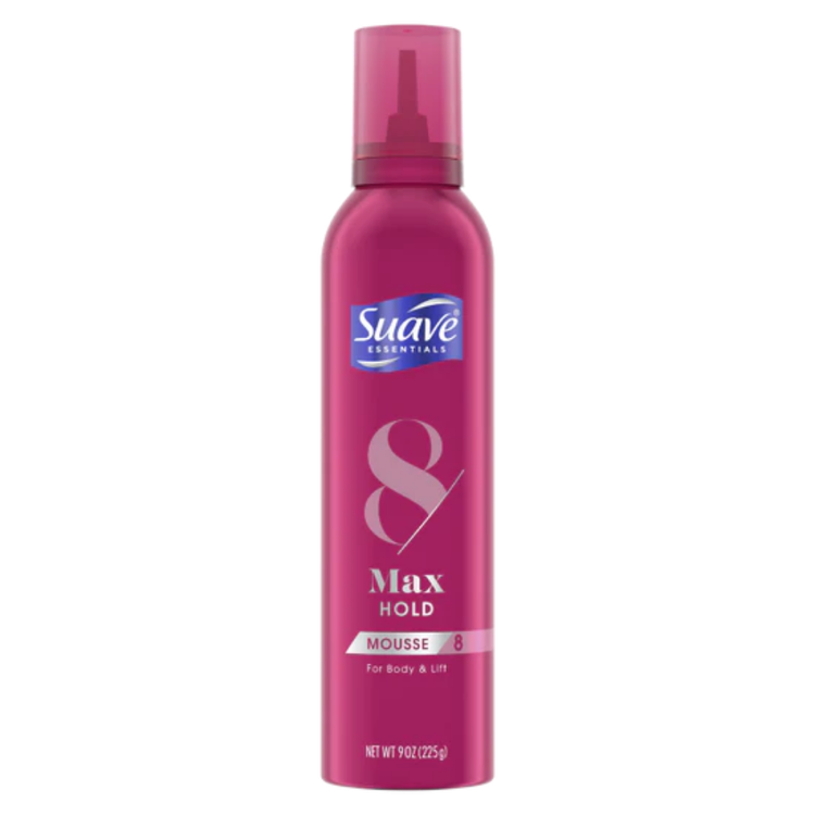 Farmacias Savia Suave Essentials Max Hold Mousse for hair, 9oz bottle with professional styling hold and volume.