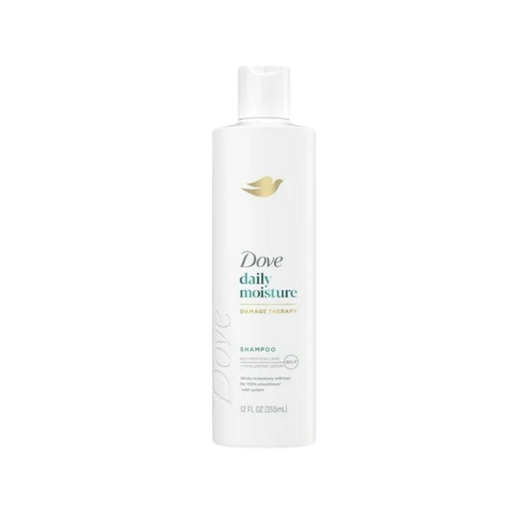 Dove Daily Moisture Damage Therapy Shampoo with Hyaluronic Serum in 12oz bottle, suitable for nourishing and hydrating hair.