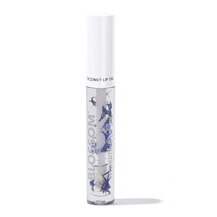Hydrating Blossom Lip Oil with coconut by Farmacias Savia, 0.1oz, showing a clear tube with glossy lip oil inside.