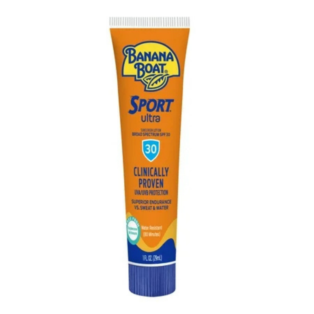 Banana Boat Sport Ultra Sunscreen SPF 30 bottle, skin care product from Farmacias Savia, shown with label and cap visible.