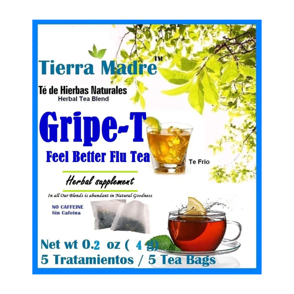 Anticatarrales herbal tea by Farmacias Savia, Tierra Madre Gripe-T Feel Better Flu Tea, 5 count, steaming hot with tea bag in cup.