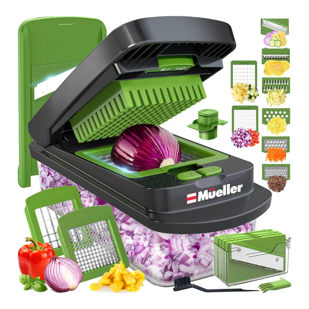 Mueller Onion Chopper Pro in gray with stainless steel blades, compact kitchen gadget for chopping onions and vegetables.