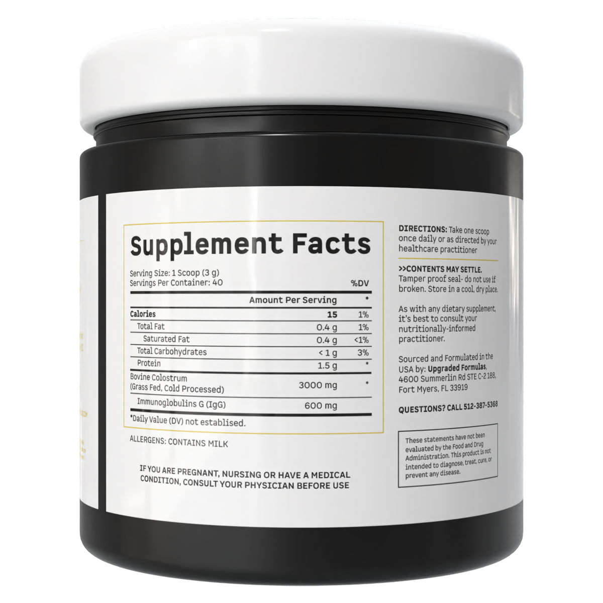Upgraded Formulas® supplement bottle with upgraded colostrum, showing supplement facts and nutritional information on the label.