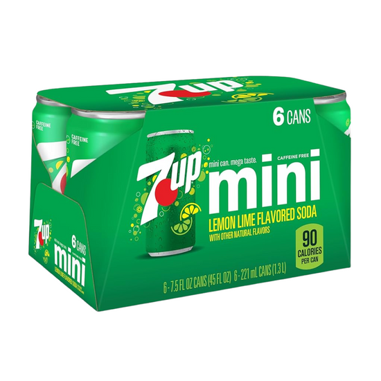 Six-pack of 7up 7.5 oz cans by Farmacias Savia, crisp lemon-lime soft drinks with vibrant green and silver branding.
