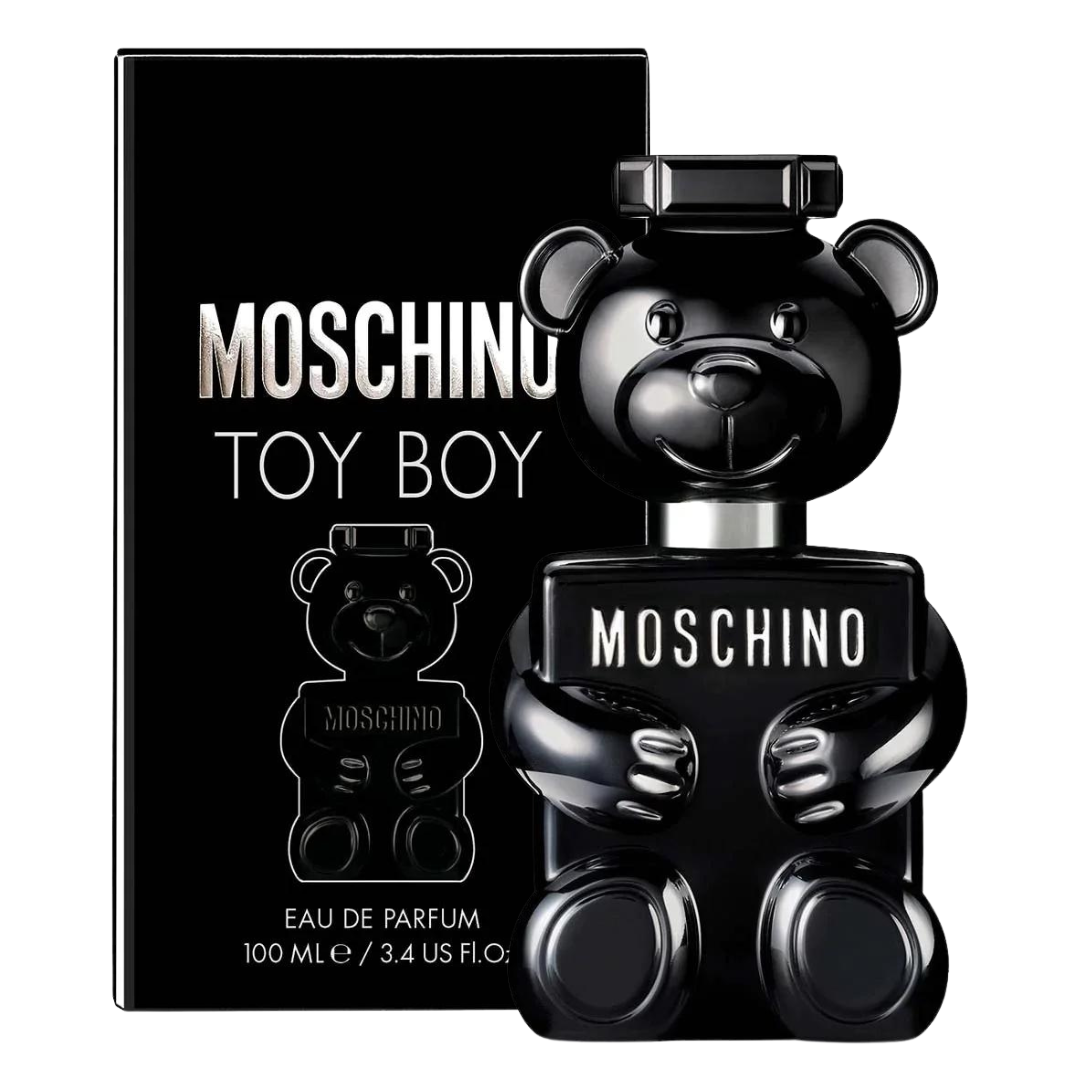 Moschino Toy Boy Eau de Parfum for Men 3.4oz bottle with playful design and brand logo, showcasing the fragrance container.