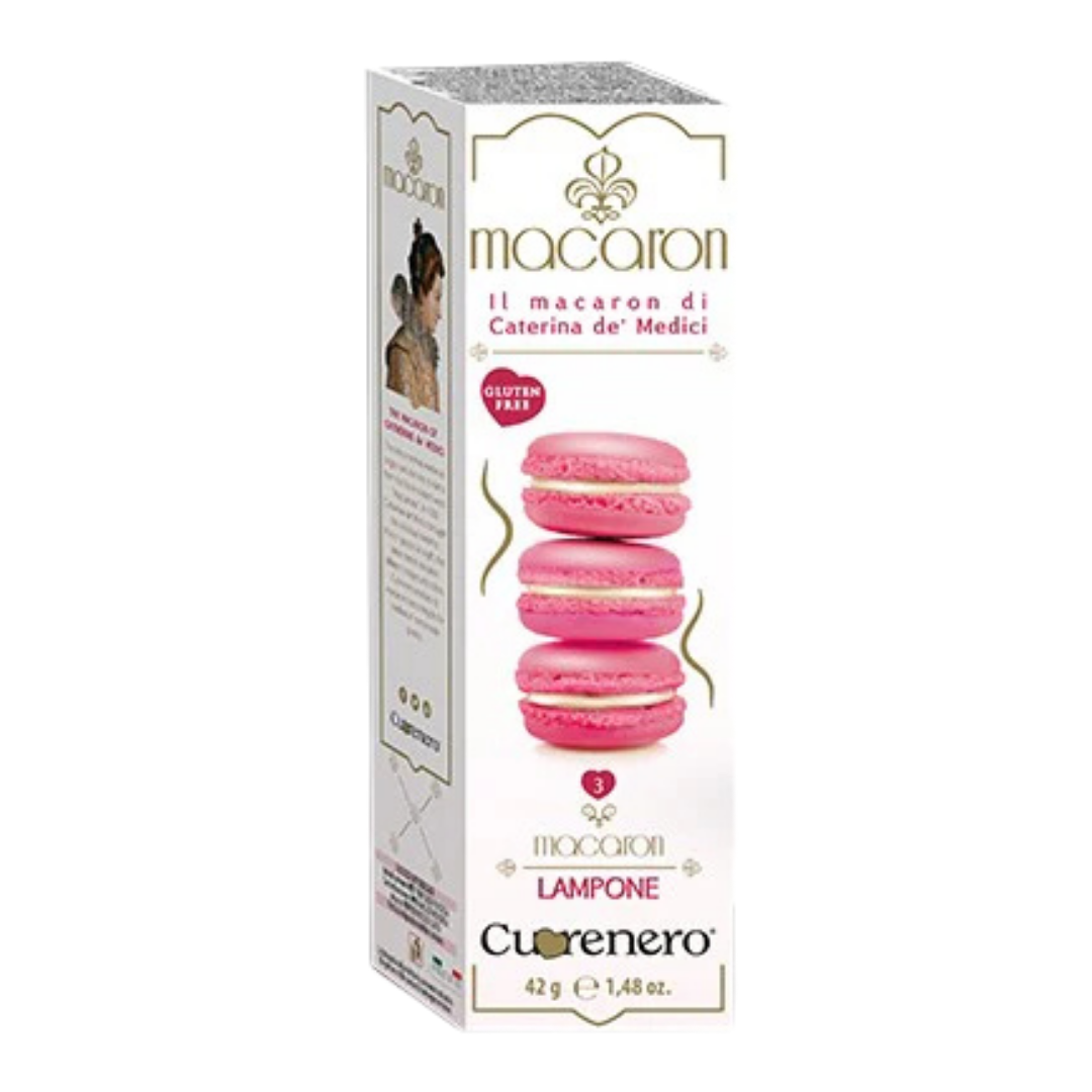 Strawberry flavored gluten-free macarons by Cuorenero, Italian cookies with pink and white shells, 1.48oz.
